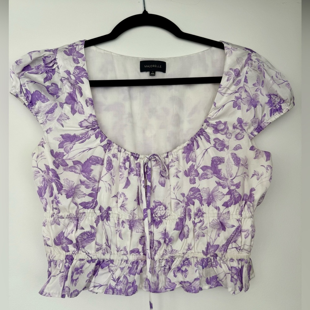 MAJORELLE White & Purple Floral Tie-Front Crop Top